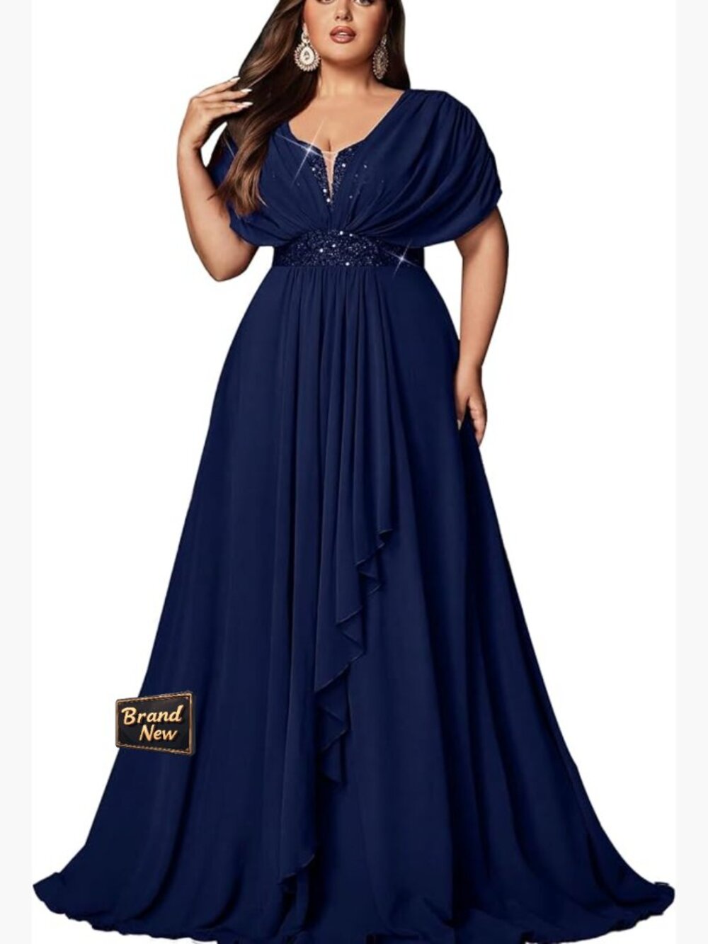Plus Size Sequin Formal Wedding Guest Dress A-Line Empire Waist Maxi Gown